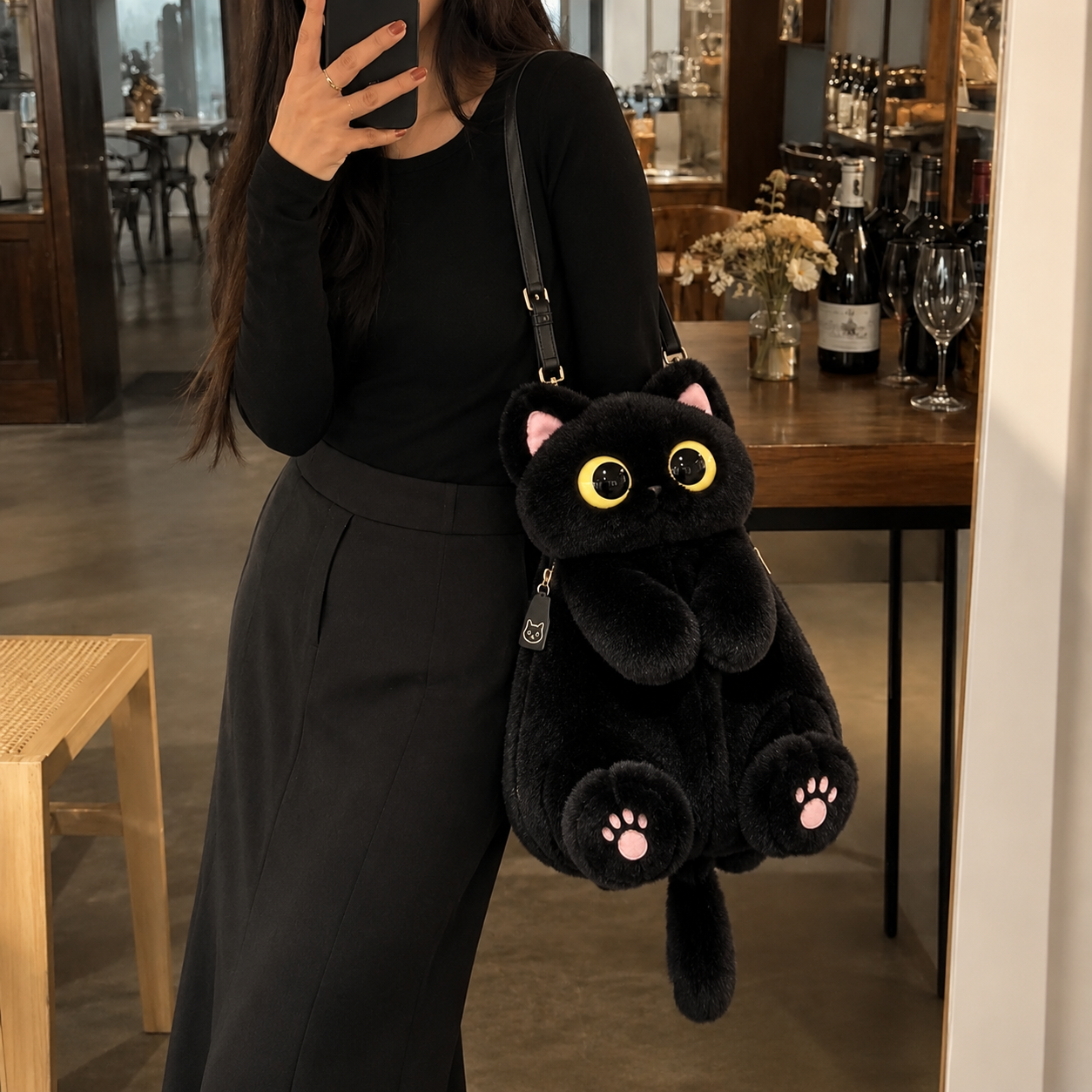Black Cat Plush Backpack worn as a shoulder bag