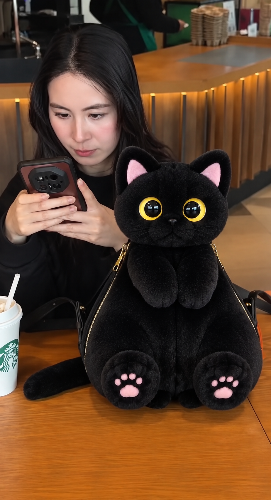 Black Cat Plush Backpack in a café setting