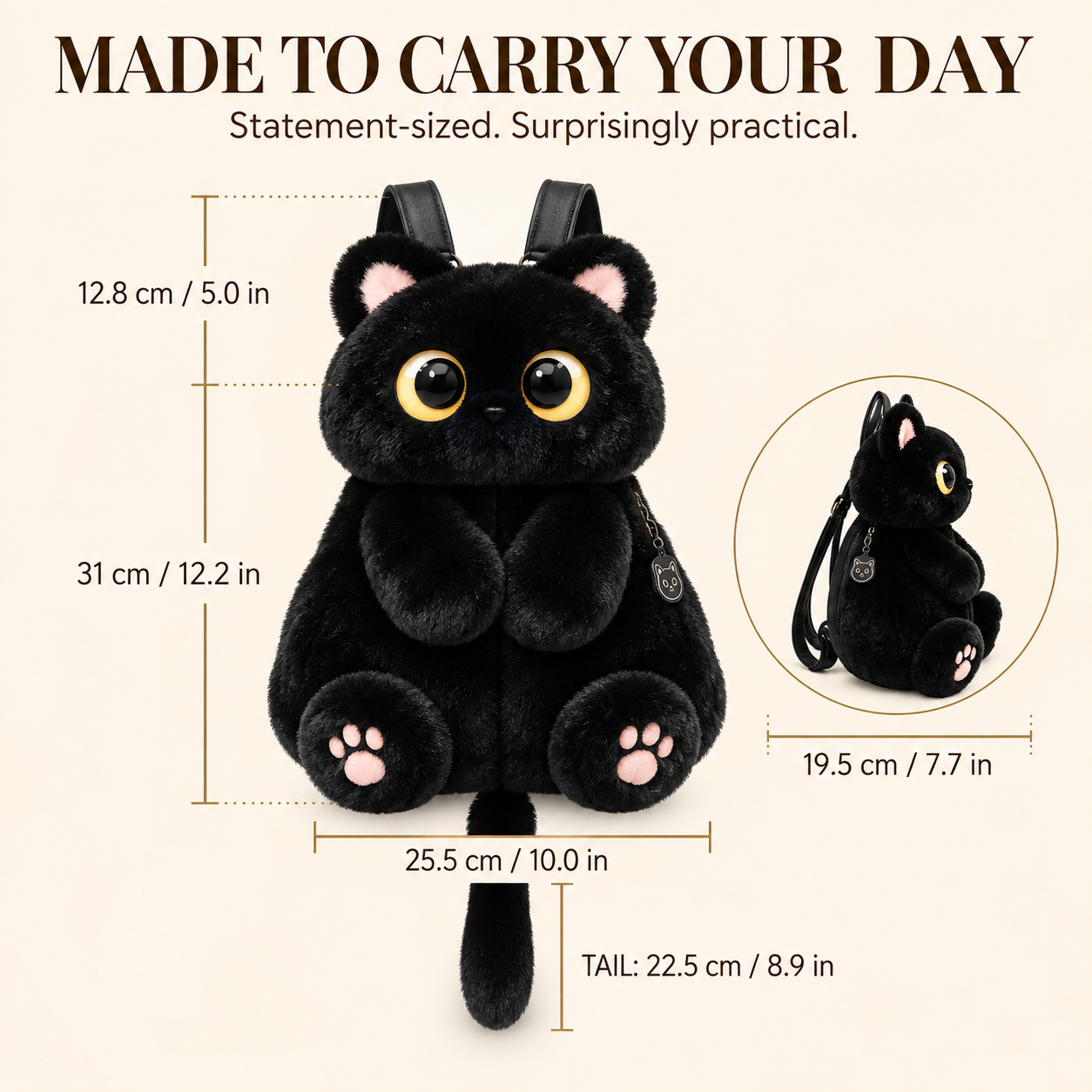 Black Cat Plush Backpack size guide
